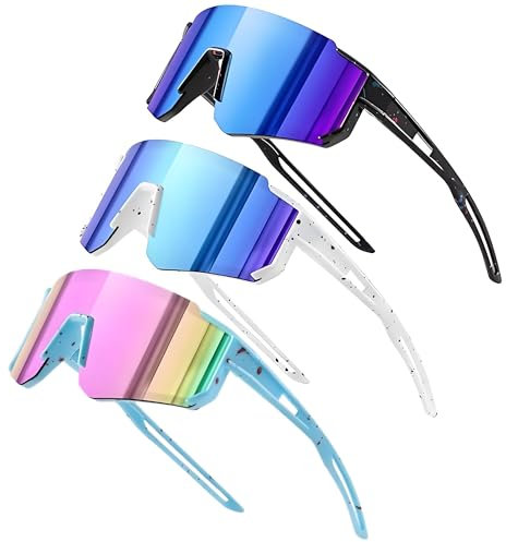 Fahrradbrille Kinder, 3 Stück Sportbrille Kinder UV400-Schutz Polarisierte Fahrradbrille Winddicht für Jungen Mädchen Outdooraktivitäten Radfahren Fahren Laufen Golf Laufbrille (Weiß + Blau + Schwarz)