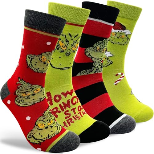 Sunshine smile Weihnachtssocken,4 Paar Grinch Baumwolle Socken,Anime-Muster Socken mit Motiv Weihnachtsmotiv,Lustig Bunte Cartoon Strümpfe aus Baumwolle,Weihnachten Strümpfe für Damen Herren
