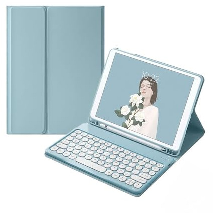 YSJX Abnehmbare Tastatur mit runden Tasten, PU+TPU-Lederhülle mit Standfunktion, kompatibel mit iPad mini 6/7 8,3 Zoll 2023(Misty Blue+Keyboard)