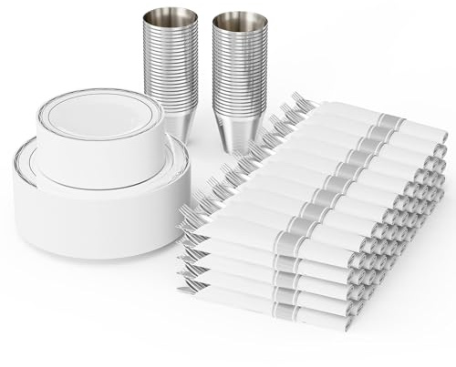 Karl home 400 pcs Multi-Use Reusable Plastic Dinnerware Set, 50 Dinner Plates, 50 Salad Plates, 50 Knives, 50 Mini Forks, 50 Spoons, 50 Cups, 50 Napkins for Wedding Anniversary Birthday Party, Silver