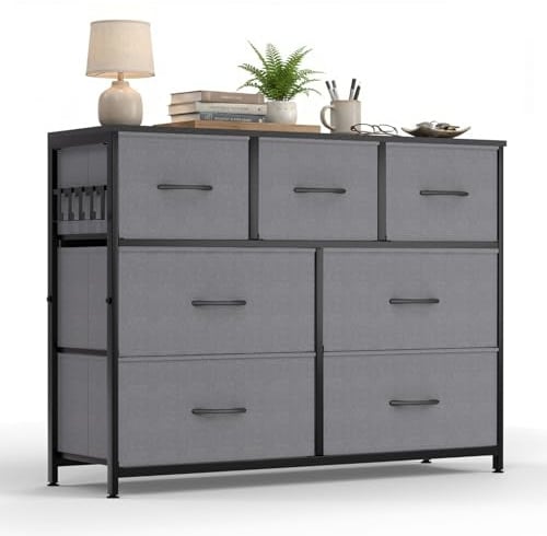 HOKEEPER Kommode 7 Schubladen Stoffbezug | Sideboard, Chest of Drawers, Stoffschubladen, Holz, mit Schubladen, für Küche, für Schlafzimmer, für Flur