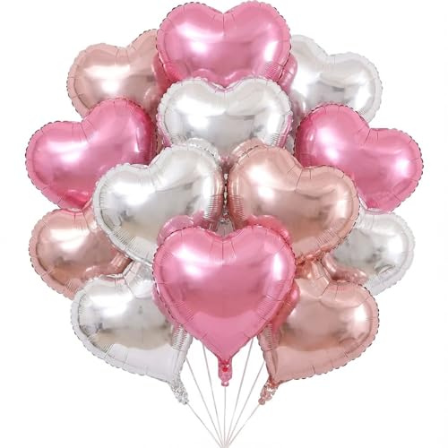 Gleemix Herz Folienballon 15 Stück, 18 Zoll Herzluftballons, Herz Luftballon Rosa Silber Roségold, Deko Hochzeit luftballons, Helium Balloon Herzen, für Hochzeit Brautparty Muttertag Valentinstag