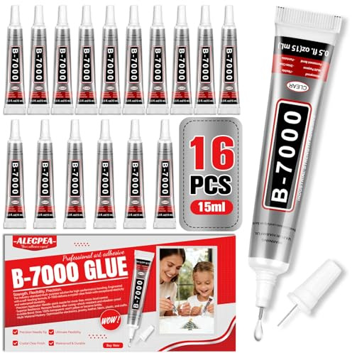 ALECPEA B7000 Glue, 15ml x 16 for Bedazzling | Clear precision adhesive for rhinestones, jewelry parts, fabric accents, phone cases, and group DIY projects.