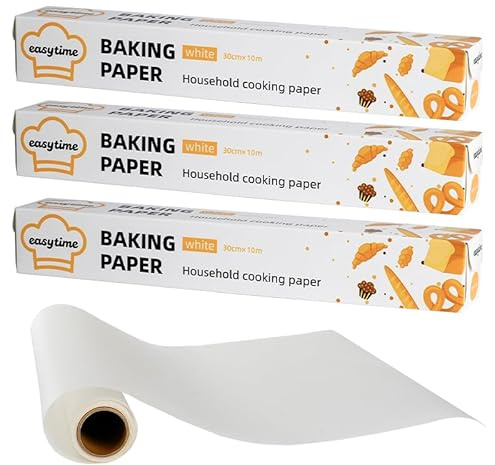 Backpapier Rolle 3er Pack, 30 cm x 30 m, antihaftend | Fettabweisend und hitzebeständig mit Schneidehilfe. Ideal für Backofen, Airfryer, Grillen, Kochen und Dämpfen