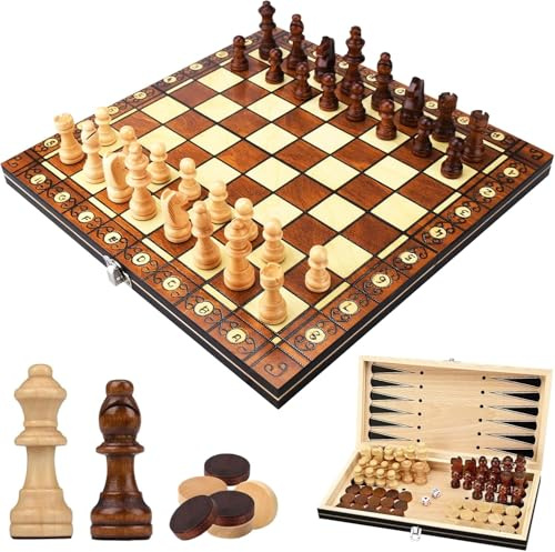 Juego De Ajedrez 3 En 1 de Madera,Tablero Ajedrez Magnetico,Tablero Ajedrez Madera Plegable,Mini Ajedrez Portatil,para Actividades Familiares Fiesta Adultos Niños Viaje(29 * 29cm)