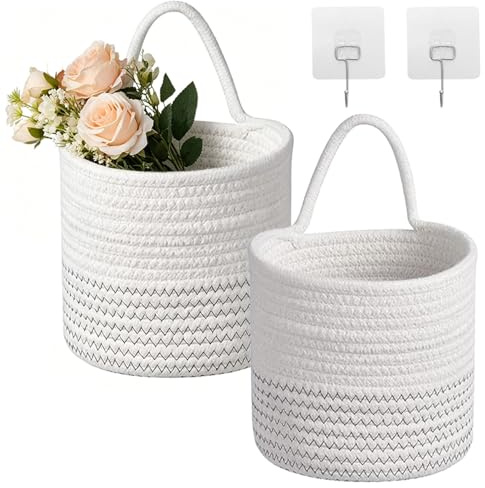 2 Stück Wandkörbe Baumwollseilflechten mit 2 Haken, 15 x 16 cm Hängekorb zum Aufhängen, Aufbewahrungskörbe Hängekörbe Geflochten Korb für Küche Bad Schlafzimmer Wohnzimmer(Weiß+Schwarz)