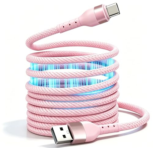 Magnetisches Ladekabel USB C für Auto & Schreibtisch, Elastisches USB A auf USB C Kabel 60W Schnellladekabel Verwicklungsfrei Kompatibel mit iPhone 17 16 Pro Max Samsung S24(2M, Rosa)