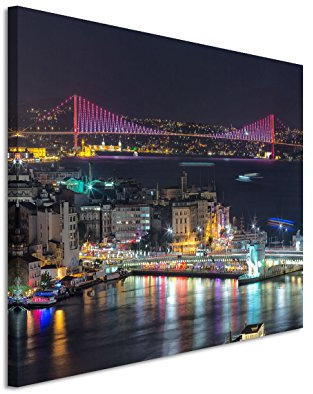 Eau Zone GmbH Kunstdruck auf Leinwand 120x80cm Urbane Fotografie – Bosporus Brücke bei Nacht