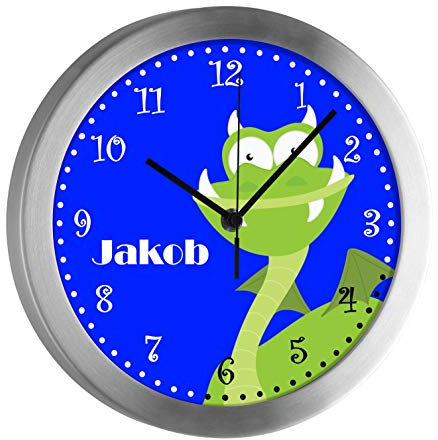 CreaDesign Kinder Funkwanduhr mit (Wunsch) Namen | Kinderzimmer Funkuhr| mit Analog ? Ziffernblatt | geräuscharm | Wanduhr Kind | Motiv Drache grün