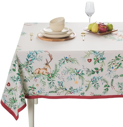 Maison d' Hermine Rectangle Table Cloth Reusable 100% Cotton 140cm x 230cm | Decorative for Dining Kitchen Room Farmhouse Party Home Hotel Washable Table Cover Thanksgiving Christmas - Holly Time
