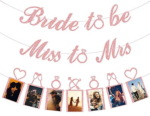 DONQL Bride to Be Banner, Miss to Mrs Banner, 6Pcs Rose Gold Hanging Album Frame with Clips Ropes, Glitter Hen Party Banners Hen Do Photo Booth Props Wedding Decorations