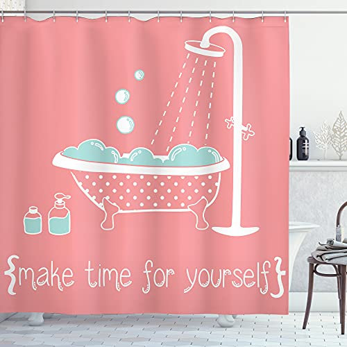ABAKUHAUS Koralle Duschvorhang, Badewanne mit Inspirational Saying, Stoffliches Gewebe Badezimmerdekorationsset mit Haken, 175 x 180 cm, Koralle und Türkis