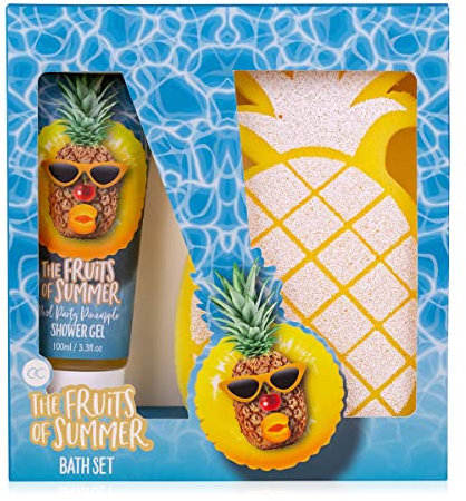 accentra Bade-Set THE FRUITS OF SUMMER, 2tlg Geschenkset bestehend aus 100ml Duschgel und Ananas-Badeschwamm – in Geschenkbox – das besondere Präsent für alle Frauen, Damen, Mamas, Mädchen