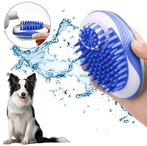 Fur Magic Dog Bath Shower Brush, Pet Grooming and Massage Brush with Shampoo Dispenser for Long and Short Haired Dogs, Blue