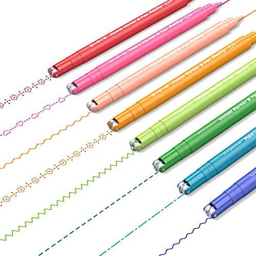 AECHY 8er Kurvenstifte, Doppelspitze, Musterroller & Filzspitze, 6 Muster | 6 Musterformen und 8 Farben für dekorative Linien – ideal für Journaling, Scrapbooking, Karten, DIY und Notizen