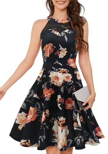 Bbonlinedress Robe de Soirée Cocktail Femme Courte Lingne A Halter Vintage pour Fête Bal Guinguette Anniversaire Mariage invité Black Yellow Rose XS