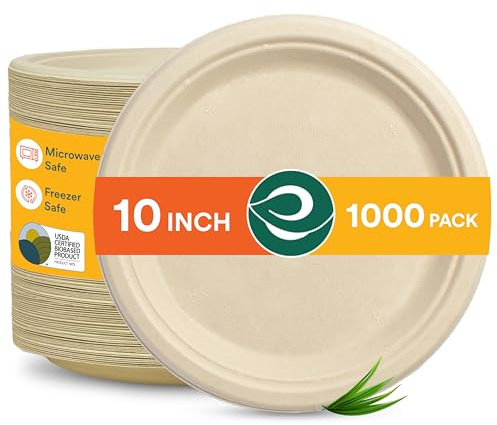 ECO SOUL Platos de papel 100% compostables de 10 pulgadas [paquete de 1000] Platos desechables para fiestas, platos de desierto ecológicos resistentes y desechables, biodegradables, sin blanquear,