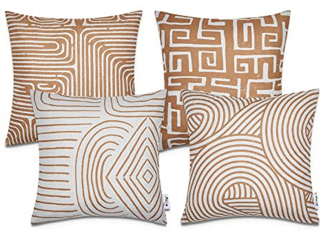 Paco Home Kissen Kissenbezug Sofakissen Bezug Kissenhülle Dekokissen Zierkissen Couchkissen Modern Geometrische Muster, Farbe:Weiß Ocker, Sets:4pcs-Set