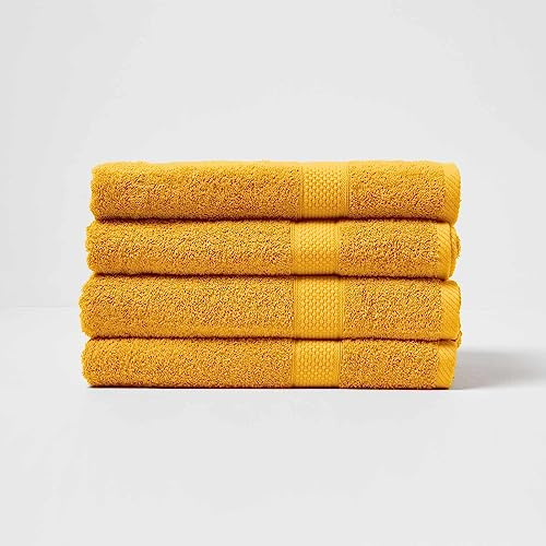HOMESCAPES Ochre Yellow Turkish Cotton Set of 4 Bath Towels Super Soft Thick & Absorbent 500 GSM Towel Heavy Weight for everyday Luxury