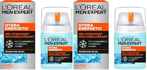 L'Oréal Men Expert - Gel Hydratant Visage pour Homme - Soin Maxi Désaltérant - Effet Glaçon Rafraîchissant - Technologie Air-Gel - Tous Types de Peaux - Hydra Energetic - 50 ml (Lot de 2)