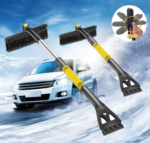 3in1 Auto Reinigungsbürste, Eiskratzer & Schneebürste, Ausziehbare Schneeräumbürste,Abnehmbarer Eisschaber,mit Schaumstoffgriff und mit 360 ° Grad Bürstenkopf für PKW,LKW und SUV(ABS, PVC Bürste)Gelb