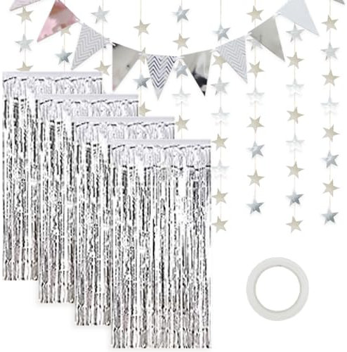 Kaari Silberne Lametta-Vorhänge, Folienfransen, metallische Lametta-Vorhänge, Foto-Hintergrund-Set, Flaggen-Wimpelbanner, glitzernde Papier-Sternform-Girlande für Geburtstag, Hochzeit