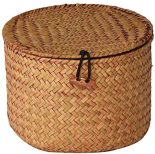 HOLIDYOYO Kleiner Weidenkorb Mit Deckel Runde Geflochtene Seegraskörbe Rattan-Aufbewahrungsbox Schreibtisch-Organizer Korbbehälter Für Kosmetik Brot Snacks Kommoden-Organizer