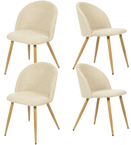 FurnitureR 4er-Set Weiche und Bequeme Esszimmerstühle, Beigefarbener Chenille-Stoff mit Metallbeinen, Wohnzimmerstühle aus Muscheln für Küche und Esszimmer