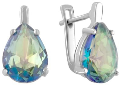 Huggie-Ohrring aus 925er-Sterlingsilber mit englischem Schloss über mehrfarbigem Mystic-Topas in Birnenform; Steingewicht [ct]: 3.8 ct, Gewicht 3,75 g. und rhodinierte Oberfläche