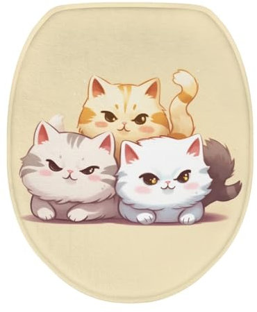 Luarisgur Cat Toilet Seat Covers for Bathroom Cute Print Elongated Oval Toilet Lid Covers Beige Toilet Seat Covers Washable Soft Toilet Cover Fits Most Toilet Lids