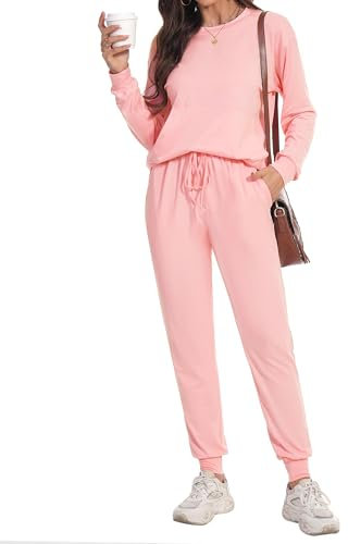Irevial Ensembles de décontracté pour femmes tenues deux pièces vêtements de détente manches longues col rond ensemble pyjama et tenue de survêtement Rose,XXL