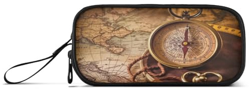 Waassud Astuccio per matite con mappa antica bussola, astuccio per penne di grande capacità, astuccio per penne estetico con cerniera per organizer da ufficio, Mutlicolor, Astuccio per matite