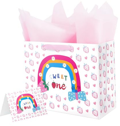 Linelglobal Erdbeer-Geschenktüte mit Geschenkpapier für Mädchen, 32 cm, Neugeborenenen-Party
