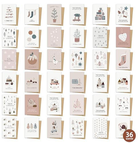 Weihnachtskarten - 36 Weihnachtskarten mit Umschlag Set, A6 Klappkarten Set mit weihnachtlichen Motiven - Frohe Weihnachten Karten, Weihnachtsgrußkarten, kleiner Weihnachtsgruß zu Weihnachten (36*1)
