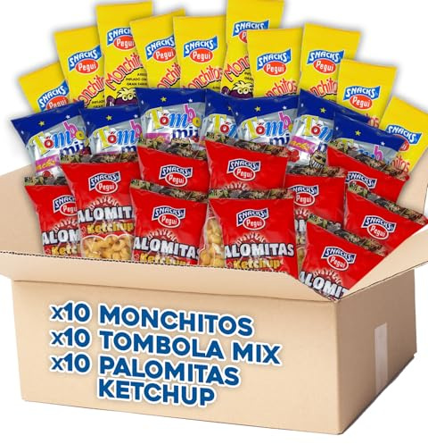 Pack Snacks Arroz Inflado Monchitos + Palomitas de Ketchup Pegui + Tómbola Mix - 10 Bolsas Arroz Inflado Sabor Jamón + 10 Bolsas Palomitas Sabor Ketchup + 10 Bolsas Tómbola Mix de Aperitivo de Maíz