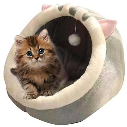 Biniveil Casa para Gatos | Cómodas Casetas para Gatos De Interior | Caseta Cerrada De Felpa para Gatos con Juguete Colgante Y Algodón | Caseta Semicerrada para Perros Y Gatos