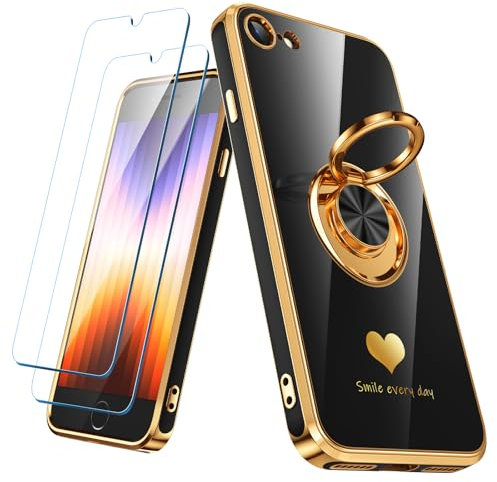 Nonional Compatible for iPhone SE/8/7 Case with 2 Pack Screen Protector, 360° Rotatable Ring Holder [Luxury Hearts Pattern] Plating Gold Edge Slim Soft Phone Case for iPhone SE/8/7 - Black