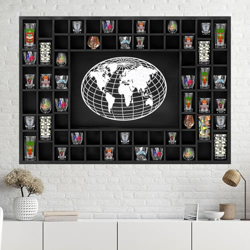 GlikCeil Large World Map 68 Slots Shot Glass Display Case 40 x 28'' Rustic Wood Shot Glass Holder for 7 Sizes Wineglass Bar Shelf Organizer Wall Mount Storage Shadow Cabinet Decor (Black)