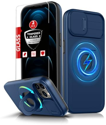 FRLMOOES for iPhone 12 Case/for iPhone 12 Pro Case Magnetic Compatible with MagSafe Wireless Charging,with 2 Screen Protectors,with Stand Ring+Camera Cover Shock-Absorbent Heavy Duty Protection Blue