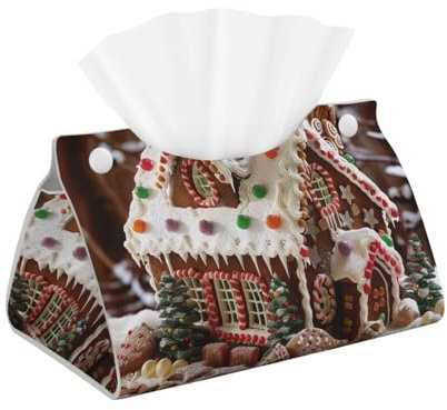 Boîte à mouchoirs de Noël en cuir imprimé en forme de maison de village en pain d'épices - Organiseur décoratif pour salle de bain, chambre à coucher, bureau, voiture