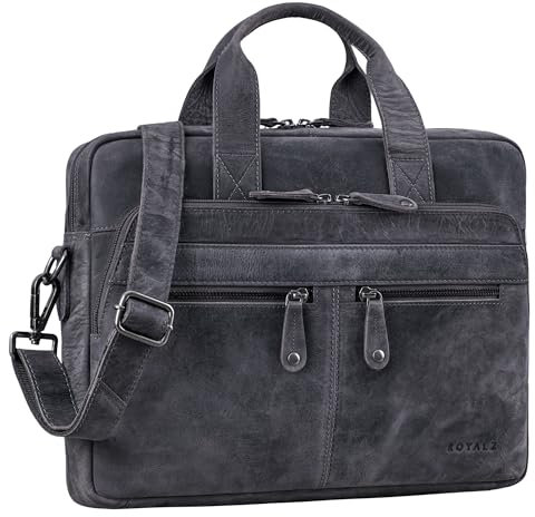 ROYALZ 'Lexington' sac à bandoulière moderne en cuir véritable pour hommes et femmes - sacoche plate pour ordinateur portable 13-14.5 pouces à porter à l'épaule, Couleur:Navy Gris