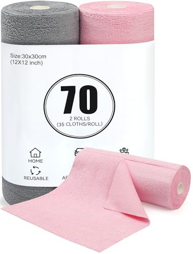 Gucass Lot de 70 Chiffons Microfibres Déchirables, Rouleau de Lavettes Réutilisables 30x30cm, Ultra Absorbants et Non Pelucheux, Nettoyage Cuisine, Ménage et Voiture – Rose & Gris