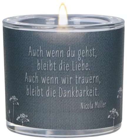 Butzon & Bercker Glaswindlicht zur Trauer Ø 6,5 cm – mundgeblasenes Windlicht mit farbig bedrucktem Pergamentumleger, Lieferung in grüner Geschenkverpackung mit weißem Teelicht: LichtMoment