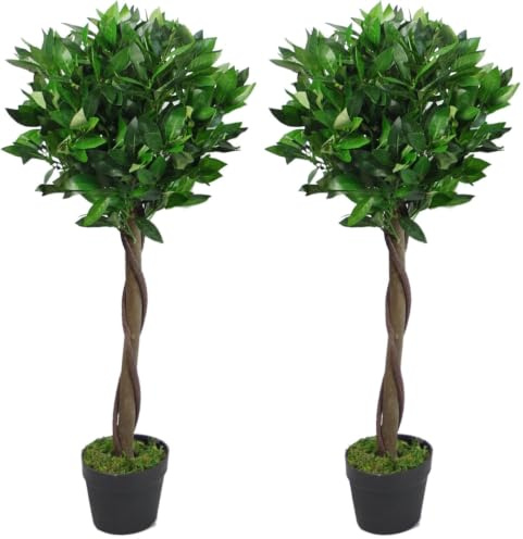 Leaf Design UK Artificial Bay Laurel Topiary Ball Tree, Green Twist, 90cm (3ft) (Pack of 2)