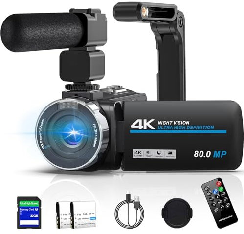 Caméscope 4K 80MP HD Caméra Vidéo pour YouTube, 30FPS Webcam à Vision Nocturne IR Caméra, Zoom Numérique 18X de à Écran IPS 3.0 270° Vlogging Camera avec Carte SD,2 Piles,Télécommande et Stabilisateur