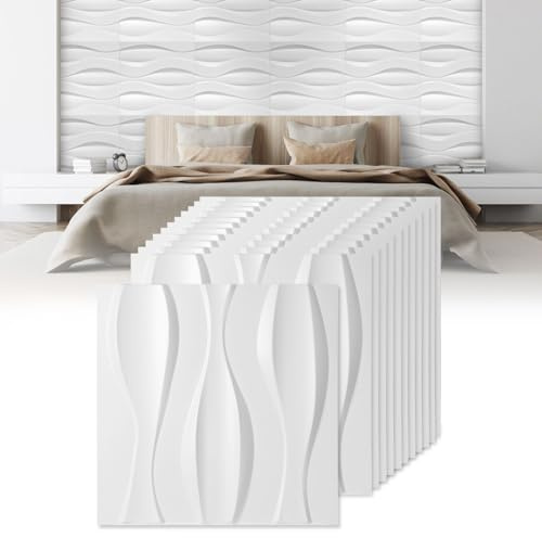 Jopassy 3D Wandpaneele 12 Stück 50 x 50 cm (3m²), 3D Wall Panels Modernes Optik, PVC Wanddeko Platten, Wasserfest, Hitzebeständig, Matt weiß