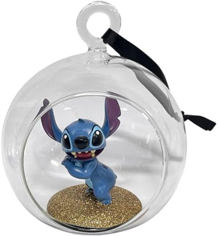 Bola de cristal abierta con figura 3D Stitch – Decoración navideña elegante de cristal transparente con base de purpurina dorada – Varzi desde 1956