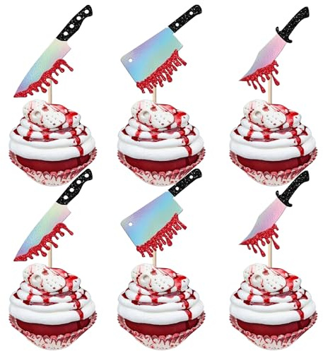 SYKYCTCY 30 Pack Halloween Knife Cupcake Toppers Glitter Scary Bloody Knife Cupcake Picks Killer Birthday Cake Decorations for Happy Halloween Theme Baby Shower Party Supplies