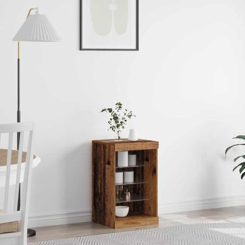 HETFTJN Sideboard Altholz 41x37x67 cm mit Glasregalen & LED Beleuchtung, Modernes Lowboard aus Holzwerkstoff, Vitrinen-Schrank für Wohnzimmer Esszimmer Flur