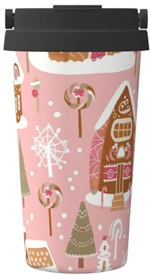 Mexpekil Insulated Coffee Cup Travel Mug with Leakproof Lid Pink Christmas Gingerbread House Thermal Cups for Hot Drinks 500ml